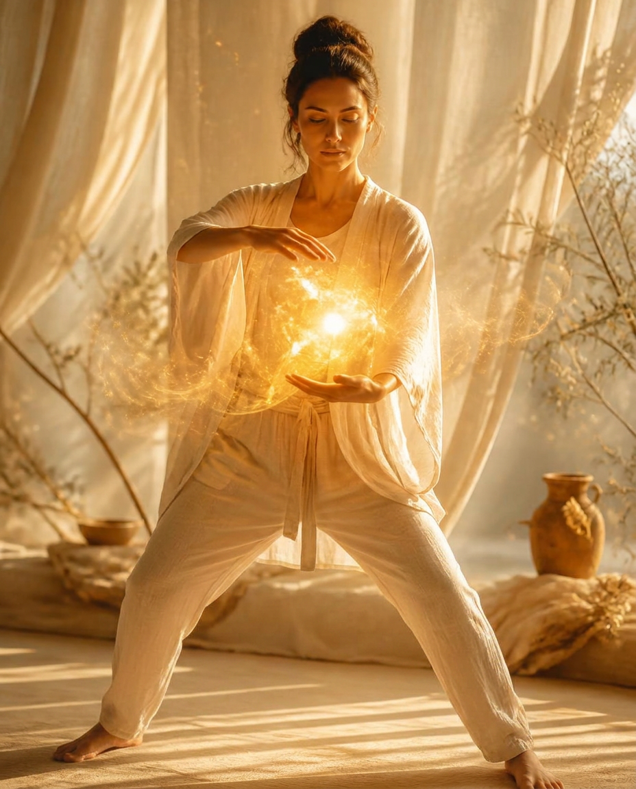 A practitioner in flowing cream linen holding a sphere of golden light between her palms